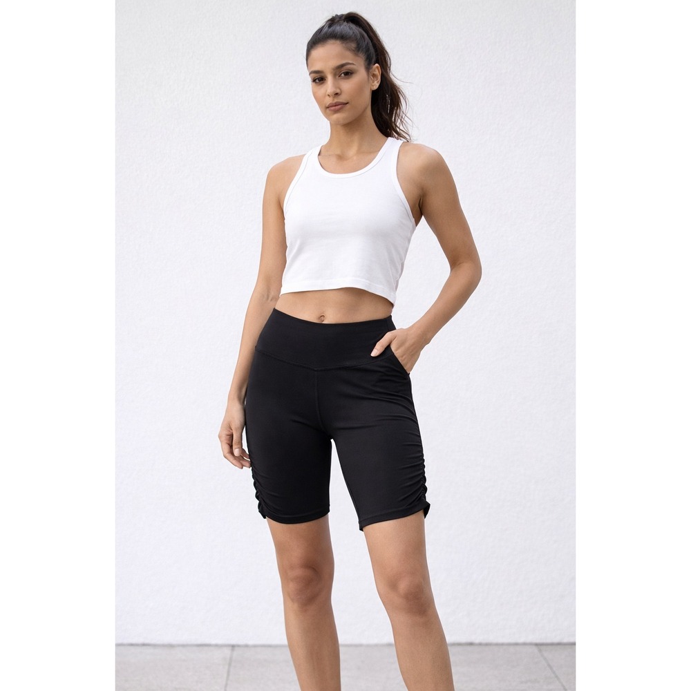 GAIAM OM Fit Yoga Shorts Womens S Black Ruched Side Athletic Dance Gym Stretch
